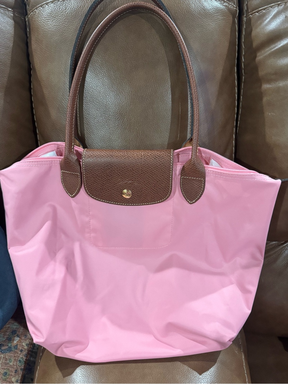 Classic Pink Tote Bag with Brown Trim